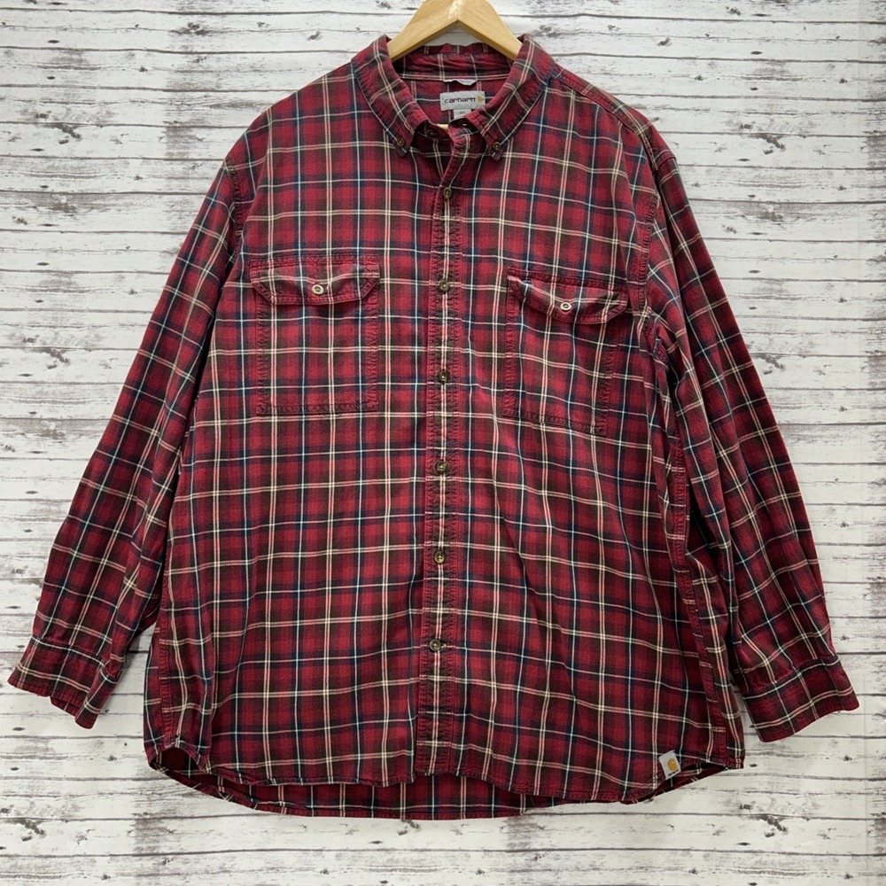 Carhartt Men Workwear Shirt Red Plaid 2XL Relaxed Fit Long Sleeve Button-Down
